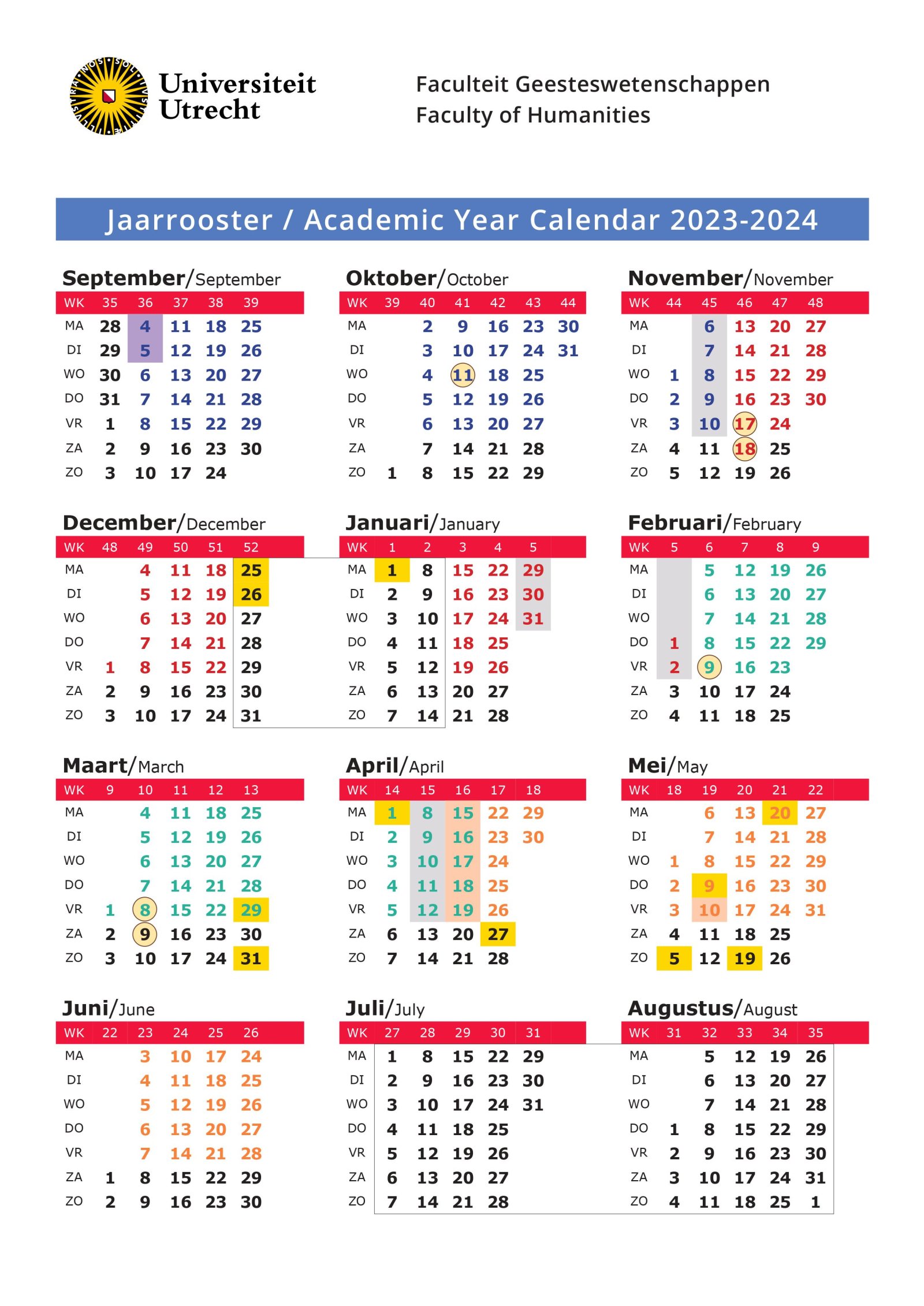 Academische jaarkalender Faculteit Geesteswetenschappen